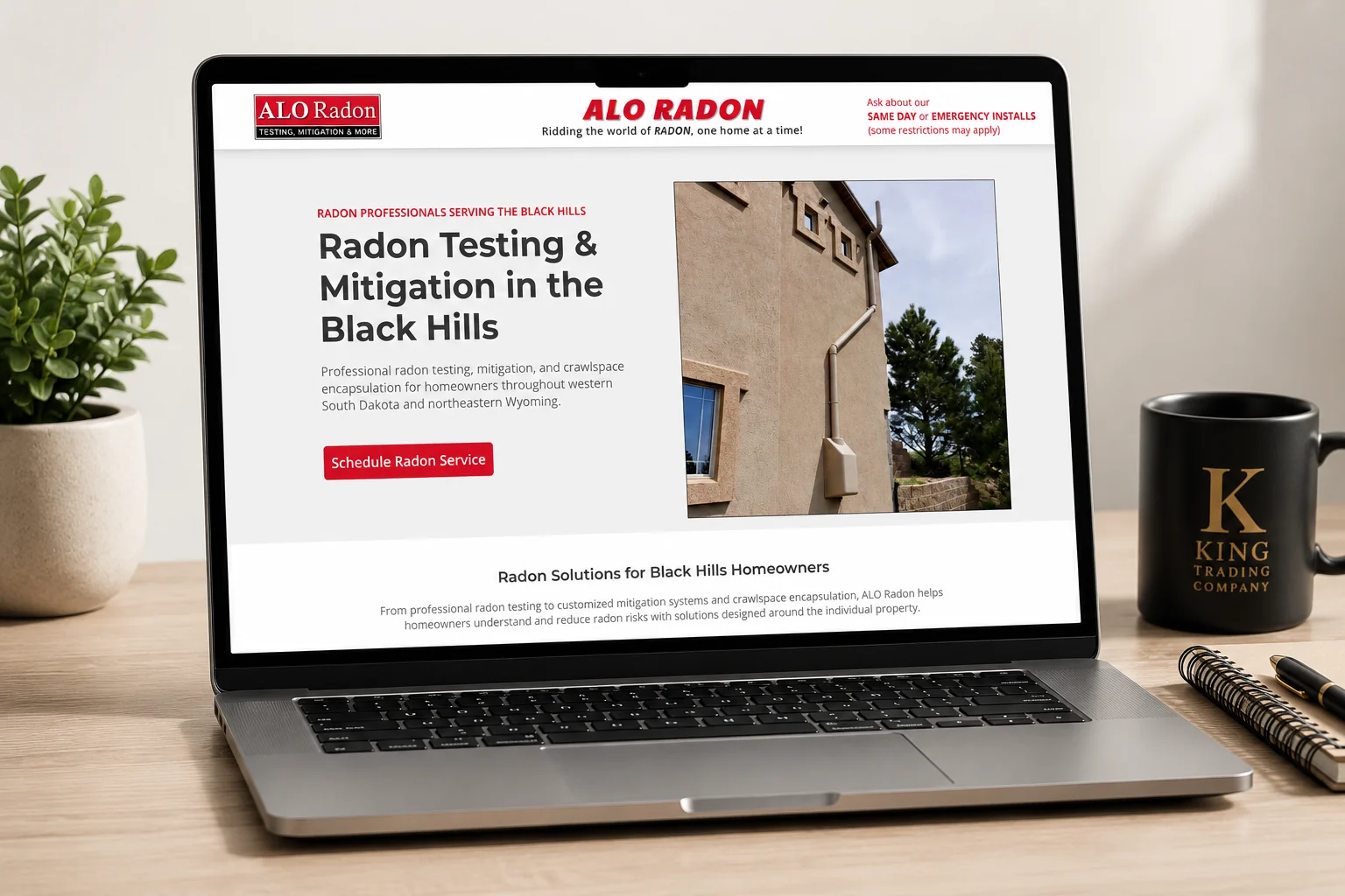 Professional business website designed by King Trading Company featuring the ALO Radon website.